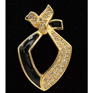 Swarovski Vintage Bow Pin Brooch Crystal Rhinestone Black Enamel Signed 80s Bin8